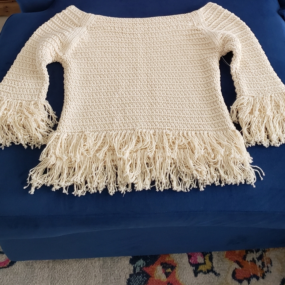 NEW Sample FRINGE cream thick knit boatneck top